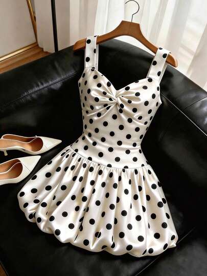 SHEIN Franclia Women's Elenzga Summer Romantic Satin Dress, Minimalist Polka Dot Fabric, Wide Strap Twist Front Crop Dress, Shirred Waist Flared Hem, Suitable For Dates, Vacations, Valentine's Day, Spring/Summer Outings. Black & White Color Versatile, Easy To Match With Shoes And Bags For Daily Wear Strap Dress Polkadot Dress Mini Dress White Polka Dot Dress Retro Dress Cute Dress
