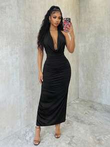 Eryvara Fitted Sexy Halter Draped Backless Solid Color Dress, Elegant And Fashionable - Black - View 1