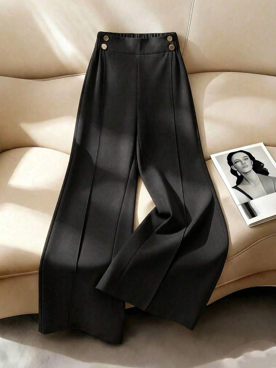 SHEIN Celana Panjang Pinggang Tinggi Model Lebar untuk Remaja Putri, Gaya Kasual Longgar Minimalis, Cocok untuk Aktivitas Luar Ruangan, Relaksasi, dan Hiburan - Hitam - View 1