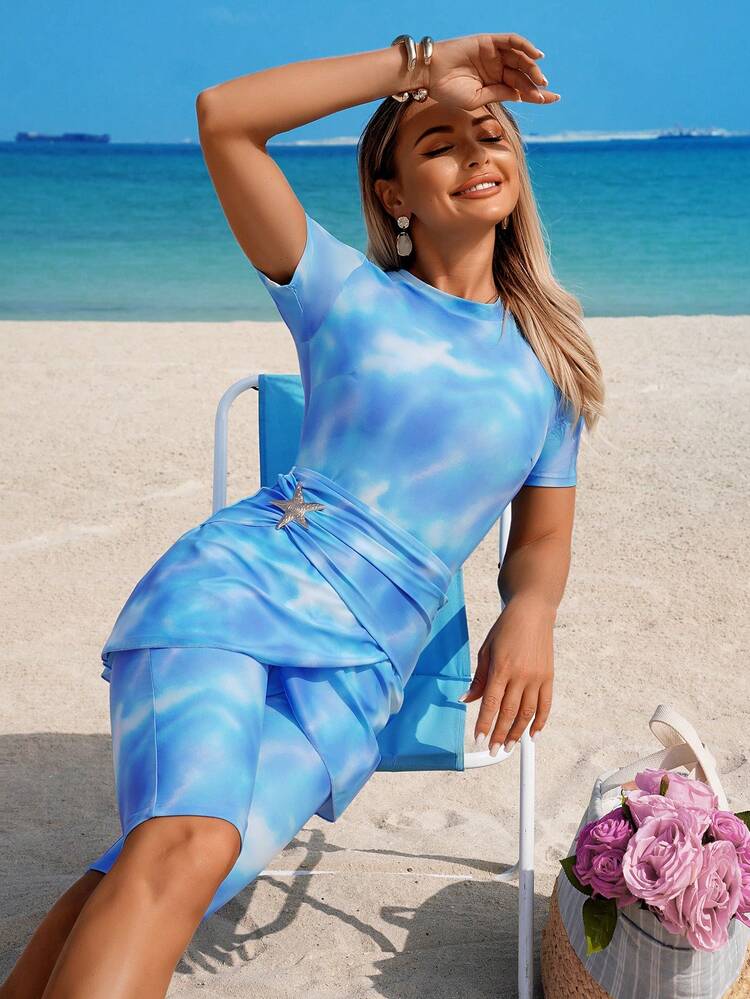 Swim Mulvari 2pcs Tie-Dye Random Starfish Print Halter Burkini Set