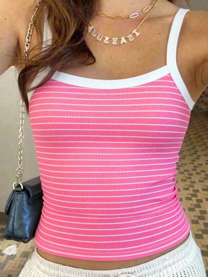 SHEIN Summer Tops Plus Size Girls' Sleeveless Top, Pink Striped Camisole, Versatile All-Match Suitable For Outings, Travel, School And More Squishy