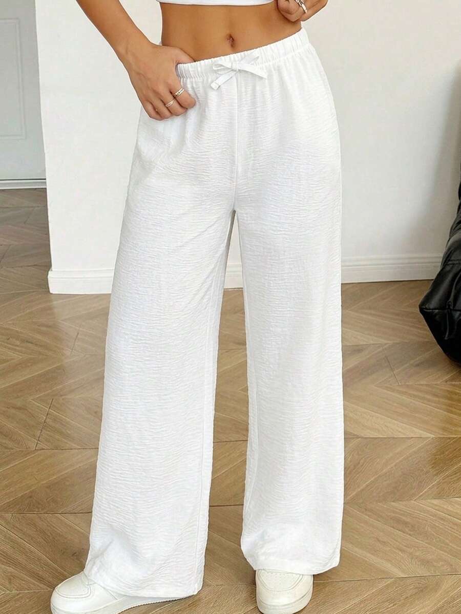 SHEIN Pantalones anchos de pierna ancha con textura blanca versátil para adolescentes - Blanco - Ver 1