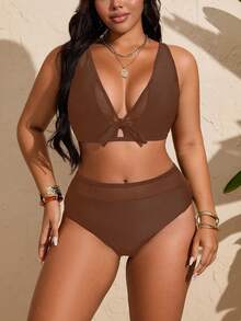 SHEIN Swim Curve Women's Summer Black Halter Bikini Top And High Waist Shorts Swimsuit Set - Brown - View 4