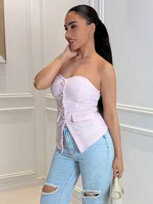 Milla Jasmine 女士纹理粉色露肩短款上衣，配珍珠纽扣细节，夏季 - 粉色 - 查看 4