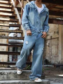 Manfinity EMRG Fashionable Hooded Denim Set - Blue - View 5
