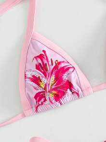 Swim Vcay Set de 2 piezas Nuevo bikini sexy y elegante con estampado de posicionamiento tipo halter, adecuado para la playa y fiestas en la piscina - Rosa - Ver 6