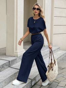 Serisse Batwing Sleeve Crop Top & Drawstring Waist Pants Textured Fabric Two Pieces - Navy Blue - View 6