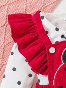 SHEIN Playful Pals Bộ đồ 2 món dễ thương cho bé gái, gồm áo liền quần và váy in hình côn trùng cùng băng đô, thích hợp cho mùa xuân/thu. - Đỏ - Xem 6