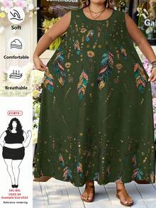 SHEIN CURVE+ 大码女式无袖印花连衣裙，夏季、假日、秋季、冬季服装，CURVE PLUS - 橄欖綠 - 查看 1
