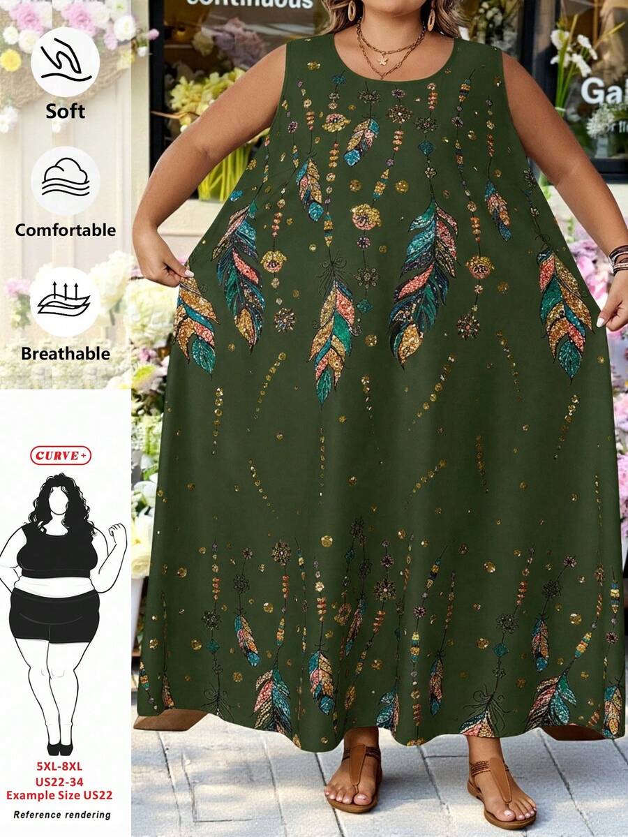 SHEIN CURVE+ 大码女式无袖印花连衣裙，夏季、假日、秋季、冬季服装，CURVE PLUS - 橄欖綠 - 查看 1
