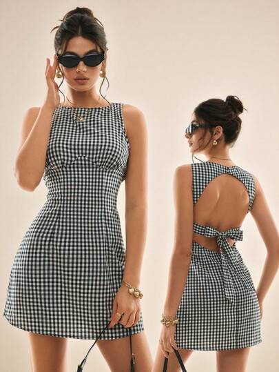 Poéselle Women's Summer Casual Plaid Backless Sleeveless Mini Dress  , Suitable For Vacation ,Vacation Dresses,Elegant Dresses For Women, Casual Dresses For Women,Work Outfits For Women,Summer Dresses For Women ,Spring/Summer
