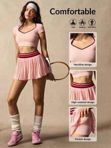 VARSIVA Women's Cropped Top With Contrast Striped Pleated Mini Skirt Pants Sports Suit - Multicolor - View 2