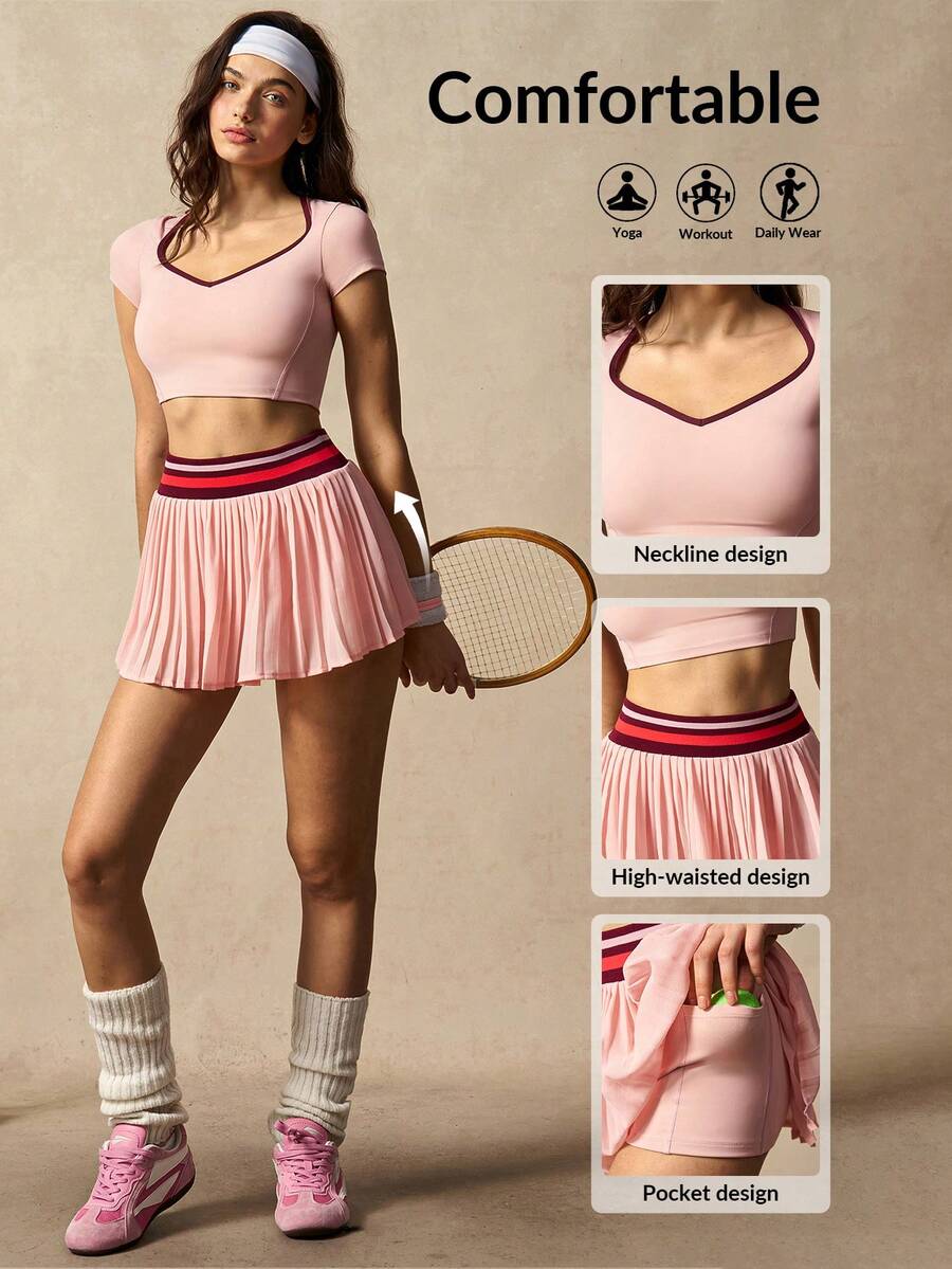 VARSIVA Women's Cropped Top With Contrast Striped Pleated Mini Skirt Pants Sports Suit