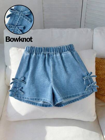 Tween Girl Spring Summer Boho Plaid Bow Decor Casual Baggy Denim Shorts With Elastic Waist,Suitable For Spring And Summer Boho,Season Vintage/Beach/Sea/Elegant Graduation,Casual,Summer Holiday,Spring,Beach,Vacation,Valentine Day,Summer Holiday,Beach Vacation Holiday