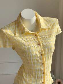 Comfortcana 女士格子短袖单排扣休闲衬衫 - 黃色 - 查看 6