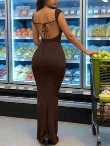 INAWLY Women's Simple Solid Color Backless Tie-Back Dress, Summer - Coffee Brown - View 2
