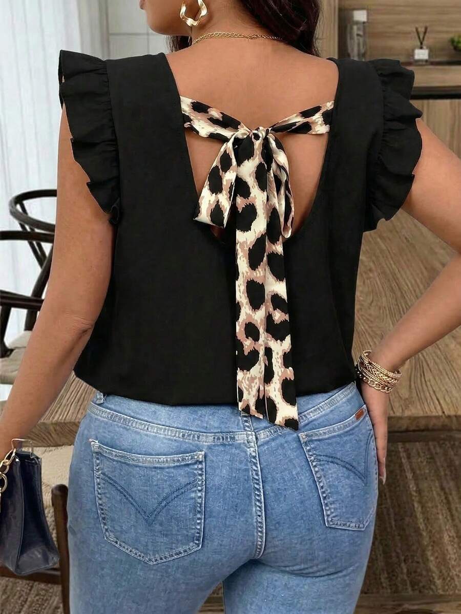Embrisa Plus Size Casual Elegant Leopard Print Tie Up Splice Cap Sleeve Round Neck Pullover Blouse - Black - View 1