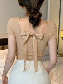 DAZY Women's Summer Backless Tie-Up Bow Sexy Casual Short Sleeve T-Shirt - Apricot - View 7