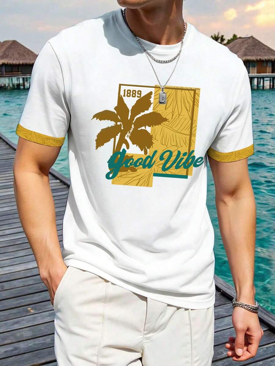 Manfinity Chillmode Camiseta de cuello redondo de manga corta con estampado de hojas de palma y diseño de color contrastante, con un toque de estilo de vacaciones, para hombre - Multicolor - Ver 1