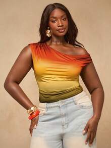 SHEIN BAE Plus Size Women Ombre Oblique Shoulder Regular Graphic T-Shirt,Women's Ombre Print Asymmetrical Shoulder Bodycon Maxi Top, Sexy For Music Festival, Date Night, Vacation - Multicolor - View 6