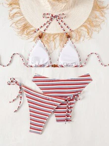 Swim Vcay 夏季沙滩三件套比基尼，针织面料挂脖吊带比基尼套装，性感优雅条纹印花泳装，适合沙滩、泳池、派对、度假穿着 - 彩色 - 查看 2