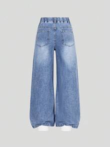 SHEIN 少女牛仔裤，夏季新款，休闲复古浅蓝色牛仔布，松紧腰，爱心刺绣，宽松直筒裤型，柔软透气面料，百搭简约时尚，适合夏季度假、派对、日常穿着、上学、通勤等场合。 - 淺藍色 - 查看 2