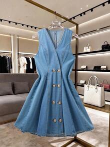 GlowEve 女士V领无袖牛仔连衣裙 - 中等水洗藍 - 查看 1