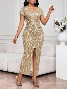 SHEIN Lady 女士夏季时尚派对宴会亮片印花V领褶皱修身高开衩裙 - 金色 - 查看 5