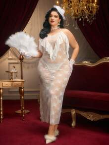 PinupPomp Plus Size White Lace Halter Sleeveless Slip Dress Gorgeous Vintage Midi Sheer Lingerie For Women Bridal Elegant Nightwear - White - View 2