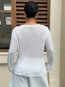 Dazy Plus Kaos Lengan Panjang Wanita Ukuran Besar Gaya Jalanan Berbahan Jala Dekoratif Warna Polos Kasual, Musim Semi/Panas - Putih - View 2