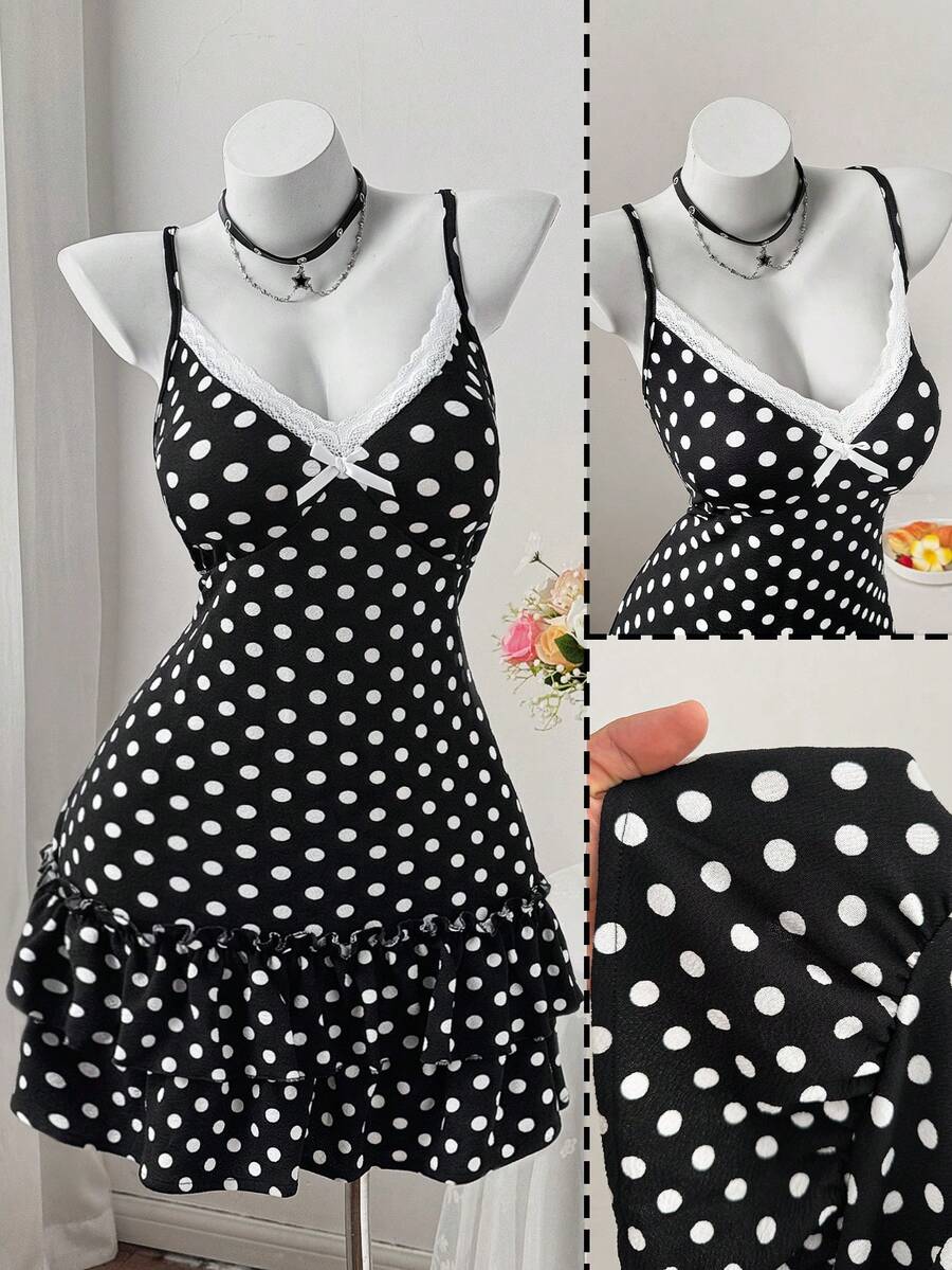 Sweetra Đầm hai dây cỡ lớn dành cho nữ, kiểu dáng cổ điển lãng mạn, họa tiết chấm bi, cổ ren, nơ bướm, viền bèo nhún đôi, thích hợp cho mùa xuân và hè, đi biển, dã ngoại, tiệc tùng, lễ hội âm nhạc, ngày Quốc khánh và tựu trường, lý tưởng cho mọi dịp. - Nhiều màu - Xem 1