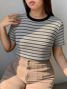Dazy Petite Plus 撞色条纹短袖T恤，棕色，春夏款 - 黑與白 - 查看 4