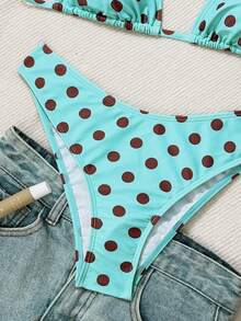 Swim Mod 2026春夏女式吊带露背黑色底白色波点随机印花甜美可爱侧开衩比基尼泳衣两件套 - 彩色 - 查看 5