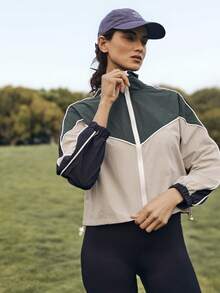 SHEIN Sports Jaket Wanita Warna Krem Muda, Motif Kontras Warna Musim Gugur, Model Patchwork dengan Tali Serut di Bagian Bawah, Cocok untuk Mendaki, Olahraga, Lari, Jogging, dan Perjalanan, Setelan Olahraga, Atasan UV - MultiWarna - View 4