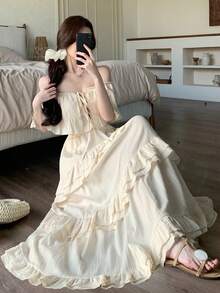 Joudiya Đầm trắng trơn dáng xòe mùa xuân hè, đầm chiffon dáng lệch vai bèo nhún, đầm midi rộng rãi, bồng bềnh cho nữ, kiểu boho trễ vai. - Màu be - Xem 7