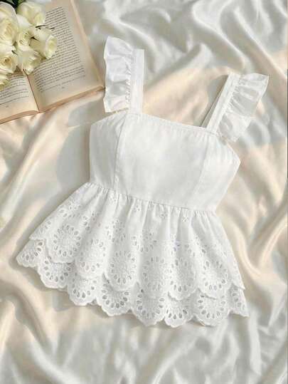 SHEIN MOD Camisa casual de mujer con cuello cuadrado, manga corta, bordado en el bajo y diseño hueco para vacaciones de unicolor