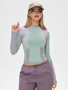 SHEIN Unity T-shirt ajusté à manches longues avec maille contrastée - Multicolore - Voir 6