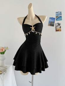 Soleia 度假风露背系带海星贝壳装饰荷叶边V领花卉金属扣白色针织纹理修身迷你连衣裙，适合圣诞节、约会、夜店、波西米亚风、度假、秋季女装、复古、假日等场合。 - 黑色 - 查看 5