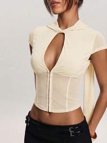 SHEIN BAE 女士性感镂空网纱拼接上衣，夏季 - 杏色 - 查看 1