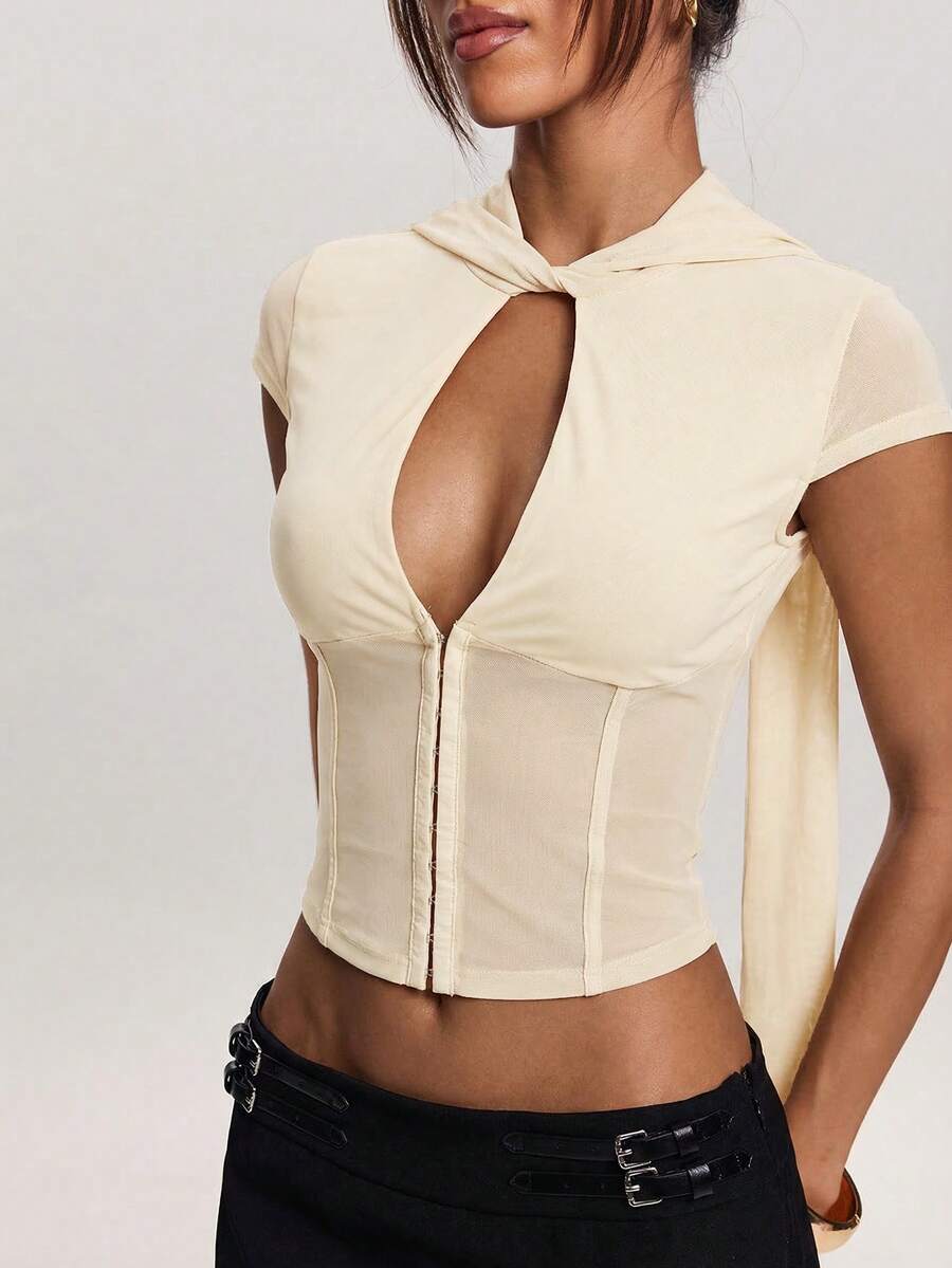 SHEIN BAE 女士性感镂空网纱拼接上衣，夏季 - 杏色 - 查看 1