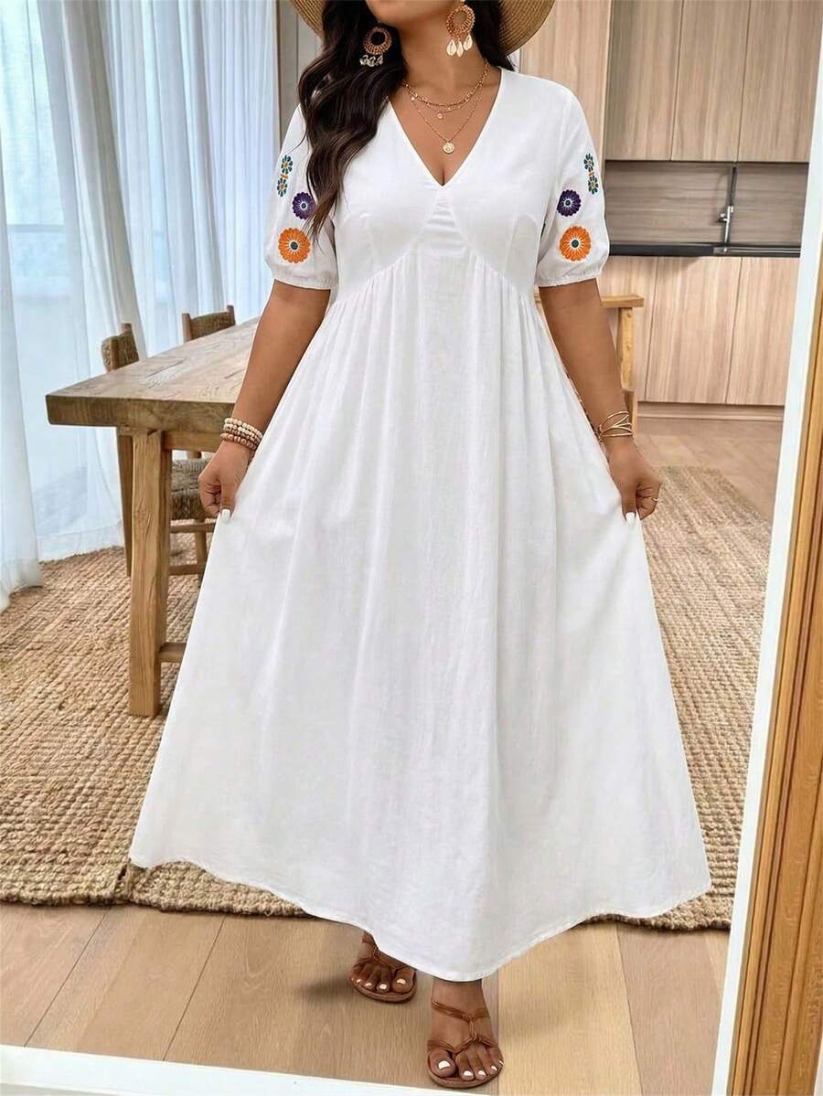 EMERY ROSE Plus Size V-Neck Embroidered Petal Sleeve Loose Long Dress - White - View 1
