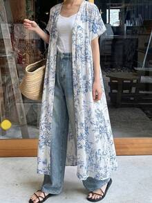FRIFUL 女士V领短袖印花宽松休闲连衣裙波西米亚风太阳裙，适合女士度假穿着，夏季必备 - 藍色 - 查看 4