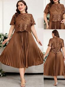 Reflora Vestido elegante de talla grande para mujer con parches, bordados y malla, con dobladillo plisado - Óxido marrón - Ver 9