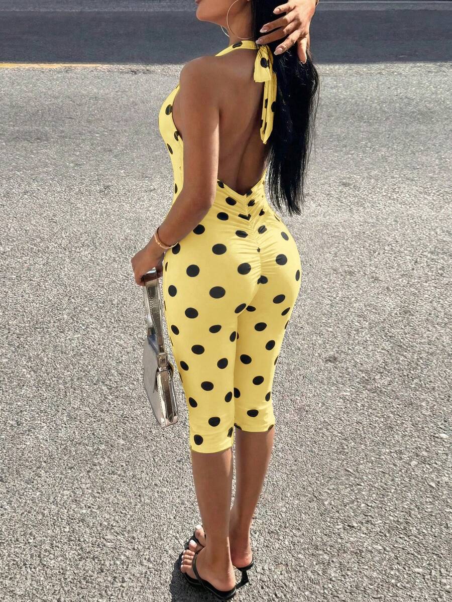 Slaydiva 新款春季、春夏音乐节、情人节、复活节休闲、简约基础风、Y2K街头风、甜美流行风、邮轮度假、日常约会、辣妹风、性感派对、吊带、系带、露背、收腰、褶皱紧身裤、七分裤、白色底、黑色波点连体裤、女士紧身连体裤 -A - 黃色 - 查看 1