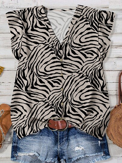 SHEIN LUNE Women's Casual Striped Pattern Shirt, Minimalist Design Suitable For Summer,Summer Top