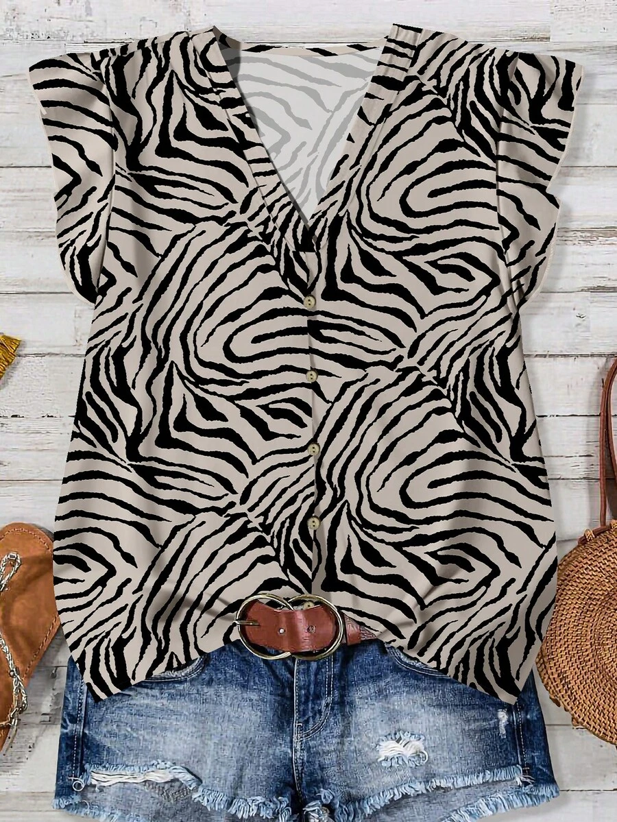 SHEIN LUNE 女士休闲条纹衬衫，简约设计，适合夏季穿着 - 彩色 - 查看 1