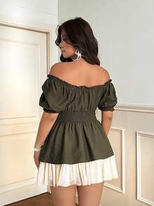 Vionelle Plus Size Sexy Off-Shoulder Ruffle Trim Blouse - Army Green - View 6