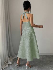 SHEIN Clasi Gaun Flare Jacquard Romantis dengan Ikat Pinggang - Hijau - View 2