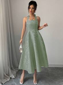 SHEIN Clasi Gaun Flare Jacquard Romantis dengan Ikat Pinggang - Hijau - View 5