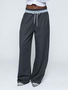 COUREZ Low Rise Oversized Sweatpants With Stripe Contrasting Waistband Y2K Summer For Women Summer For Women - Dark Grey - View 1